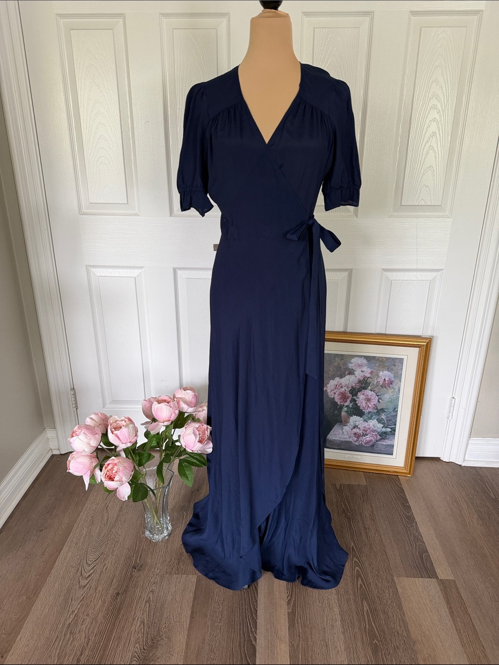 Reformation navy blue puff sleeve maxi wrap dress
